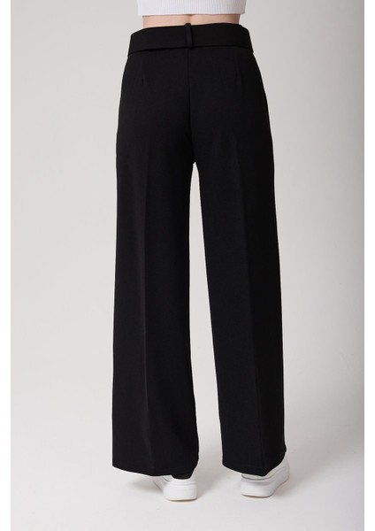 Kadın Kemerli Yüksek Bel Ispanyol Paça Pantolon