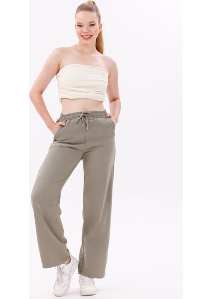 Kadın Yüksek Bel Gabardin-Keten Dokulu Pantolon – Nefes Alabilir Kumaş, 4 Mevsim