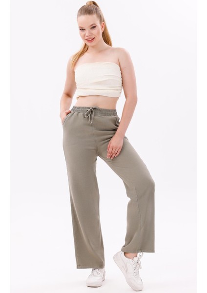 Kadın Yüksek Bel Gabardin-Keten Dokulu Pantolon – Nefes Alabilir Kumaş, 4 Mevsim