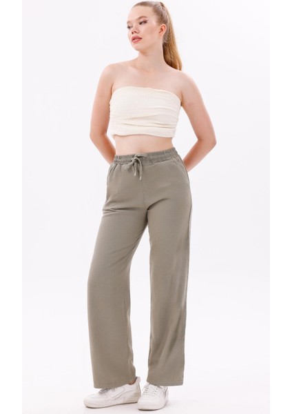 Kadın Yüksek Bel Gabardin-Keten Dokulu Pantolon – Nefes Alabilir Kumaş, 4 Mevsim