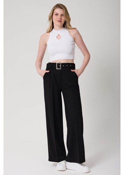 Kadın Kemerli Yüksek Bel Ispanyol Paça Pantolon