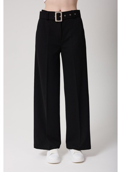 Kadın Kemerli Yüksek Bel Ispanyol Paça Pantolon