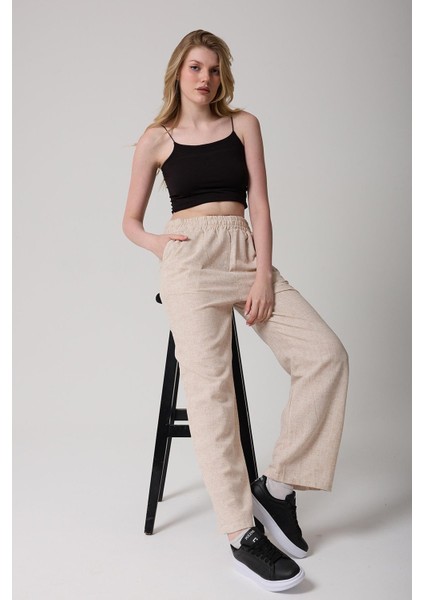 Kadın Kemerli Yüksek Bel Ispanyol Paça Pantolon