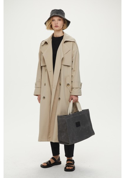 Düğmeli Kruvaze Trençkot Bej