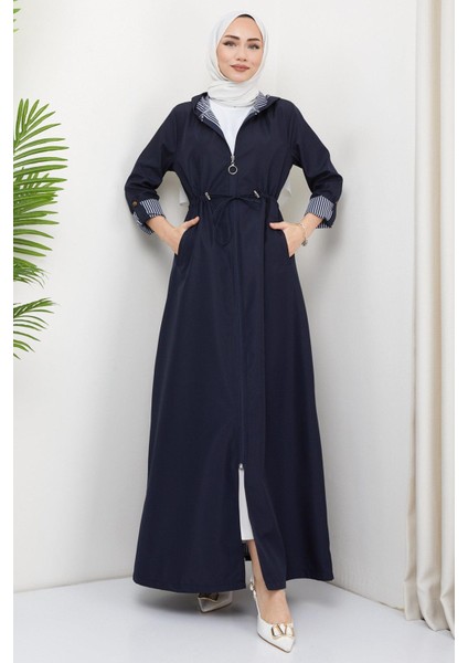 Kapüşonlu Çizgili Uzun Trençkot Lacivert HM2332