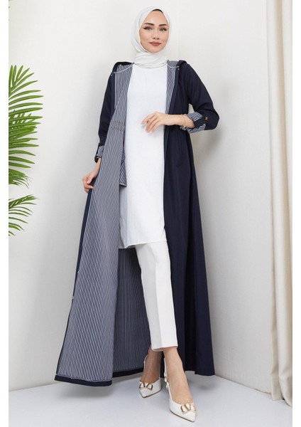 Kapüşonlu Çizgili Uzun Trençkot Lacivert HM2332