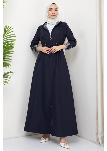 Kapüşonlu Çizgili Uzun Trençkot Lacivert HM2332