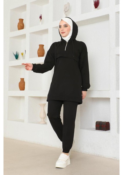 Önden Yarım Fermuarlı Eşofman Takımı TRN1019 Siyah