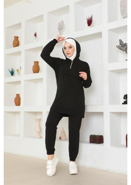 Önden Yarım Fermuarlı Eşofman Takımı TRN1019 Siyah