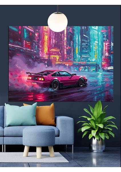Neon Sokak Arabası Dekoratif Kanvas - Mdf Ahşap Tablo