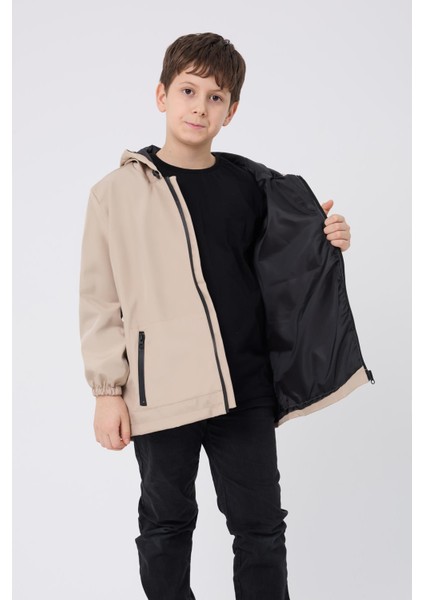 Spor Erkek Çocuk Mürdüm Içi Astarlı Su ve Rüzgar Geçirmez Kapüşonlu Çift Fermuarlı Cepli Yağmurluk
