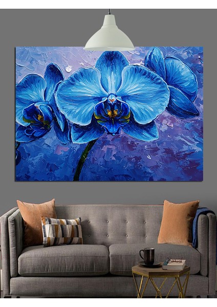 Koyu Fon Üzerinde Mavi Orkide Dekoratif Kanvas - Mdf Ahşap Tablo