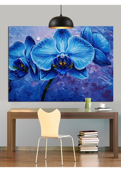Koyu Fon Üzerinde Mavi Orkide Dekoratif Kanvas - Mdf Ahşap Tablo fiyatları