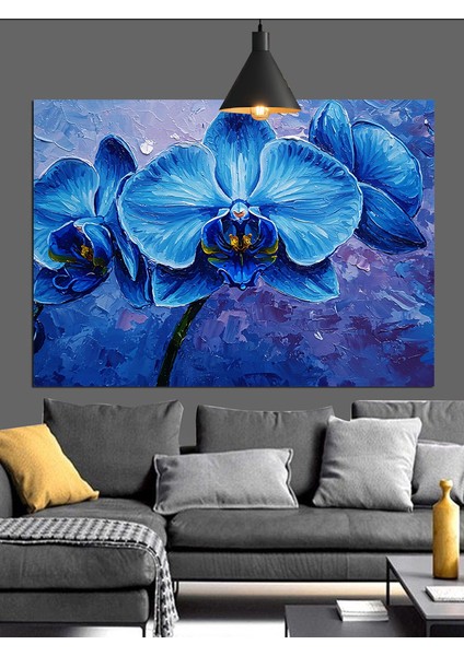 Koyu Fon Üzerinde Mavi Orkide Dekoratif Kanvas - Mdf Ahşap Tablo indirimleri