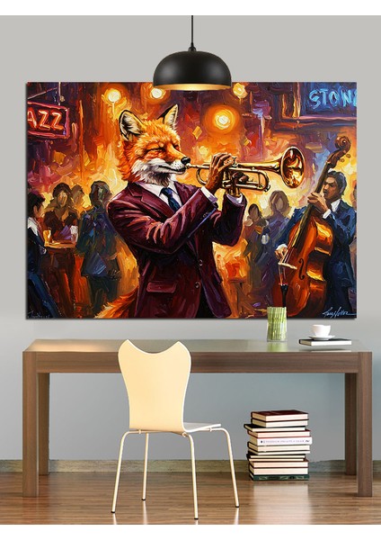 Caz Trompet Çalan Tilki Dekoratif Kanvas - Mdf Ahşap Tablo