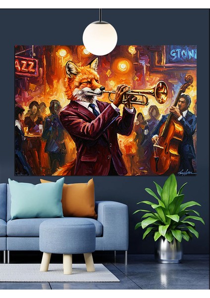 Caz Trompet Çalan Tilki Dekoratif Kanvas - Mdf Ahşap Tablo fiyatları