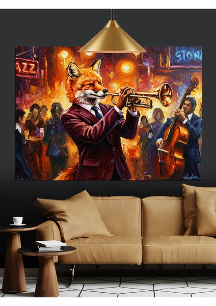 Caz Trompet Çalan Tilki Dekoratif Kanvas - Mdf Ahşap Tablo modelleri