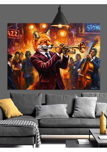 Caz Trompet Çalan Tilki Dekoratif Kanvas - Mdf Ahşap Tablo fırsatları