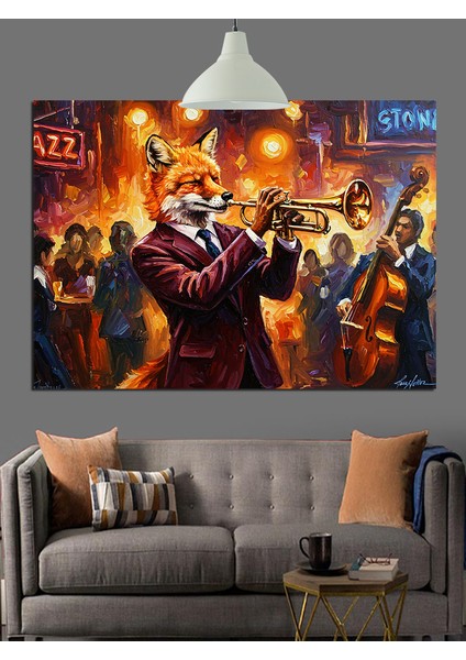 Caz Trompet Çalan Tilki Dekoratif Kanvas - Mdf Ahşap Tablo indirimleri