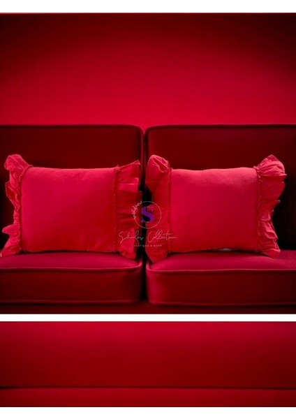 Kırmızı Keten Bohem Fırfırlı Vintage 2'li Dikdörtgen Kırlent Kılıfı