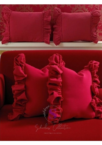 Kırmızı Keten Bohem Fırfırlı Vintage 2'li Dikdörtgen Kırlent Kılıfı modelleri