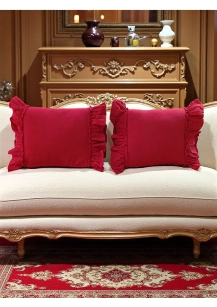 Kırmızı Keten Bohem Fırfırlı Vintage 2'li Dikdörtgen Kırlent Kılıfı fırsatları