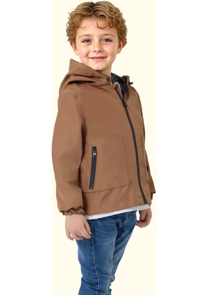 Spor Erkek Çocuk Mürdüm Içi Astarlı Su ve Rüzgar Geçirmez Kapüşonlu Çift Fermuarlı Cepli Yağmurluk