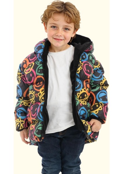 Spor Erkek Çocuk Gülen Emoji Polarlı Kürklü Su Ve Rüzgar Geçirmez Kapüşonlu Cepli Mont