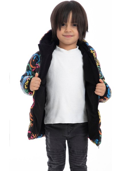 Spor Erkek Çocuk Polarlı Kapüşonlu Araba Yıldız Ay Desenli Mont & Kaban