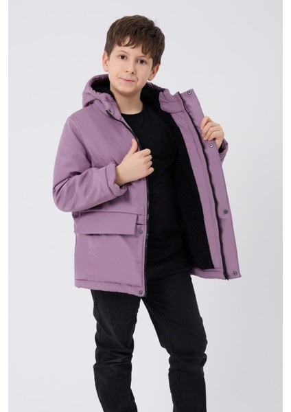 Spor Kız Spor Çocuk Gülen Emoji Polarlı Kürklü Su Ve Rüzgar Geçirmez Kapüşonlu Cepli Mont