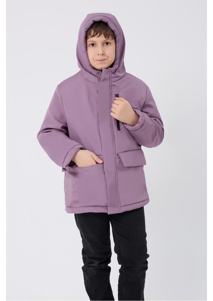 Spor Kız Spor Çocuk Gülen Emoji Polarlı Kürklü Su Ve Rüzgar Geçirmez Kapüşonlu Cepli Mont