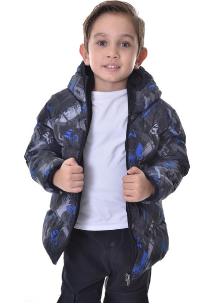 Spor Erkek Çocuk Dijital Desen Polar Su ve Rüzgar Geçirmez Kapüşonlu Mont