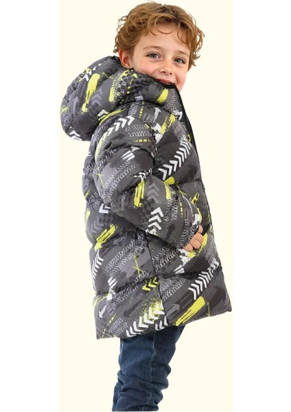 Spor Erkek Çocuk Dijital Desen Polar Su ve Rüzgar Geçirmez Kapüşonlu Mont