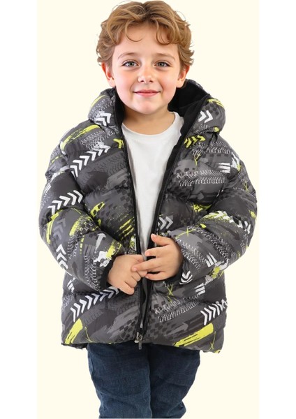 Spor Erkek Çocuk Dijital Desen Polar Su ve Rüzgar Geçirmez Kapüşonlu Mont