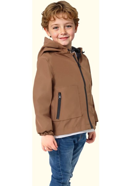 Spor Erkek Çocuk Mürdüm Içi Astarlı Su ve Rüzgar Geçirmez Kapüşonlu Çift Fermuarlı Cepli Yağmurluk