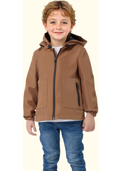 Spor Erkek Çocuk Mürdüm Içi Astarlı Su ve Rüzgar Geçirmez Kapüşonlu Çift Fermuarlı Cepli Yağmurluk