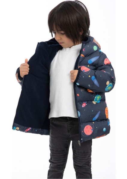 Spor Erkek Çocuk Polarlı Kapüşonlu Gezegen Yıldız Desenli Mont & Kaban & Parka