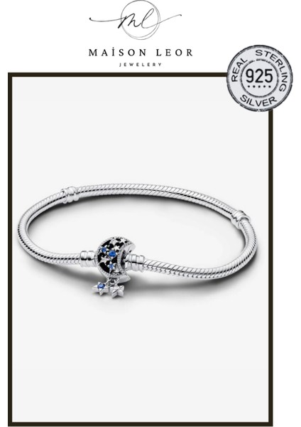 Işıltılı Ay Klipsli Gümüş Bileklik Charm Taşıyıcı
