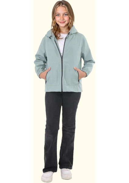 Spor Kız Çocuk Içi Astarlı Su ve Rüzgar Geçirmez Kapüşonlu Çift Fermuarlı Cepli Yağmurluk