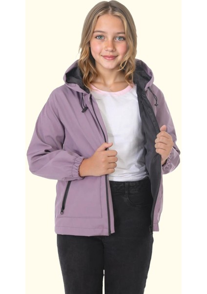 Spor Kız Çocuk Içi Astarlı Su ve Rüzgar Geçirmez Kapüşonlu Çift Fermuarlı Cepli Yağmurluk