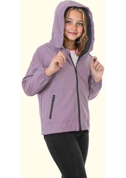 Spor Kız Çocuk Içi Astarlı Su ve Rüzgar Geçirmez Kapüşonlu Çift Fermuarlı Cepli Yağmurluk