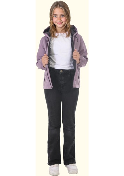 Spor Kız Çocuk Içi Astarlı Su ve Rüzgar Geçirmez Kapüşonlu Çift Fermuarlı Cepli Yağmurluk