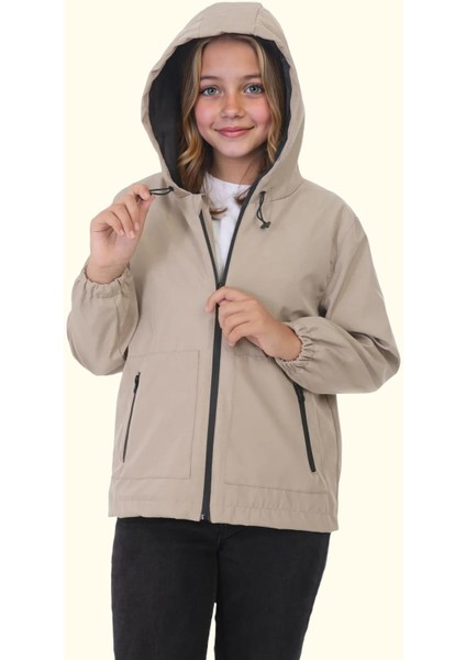Spor Kız Çocuk Içi Astarlı Su ve Rüzgar Geçirmez Kapüşonlu Çift Fermuarlı Cepli Yağmurluk