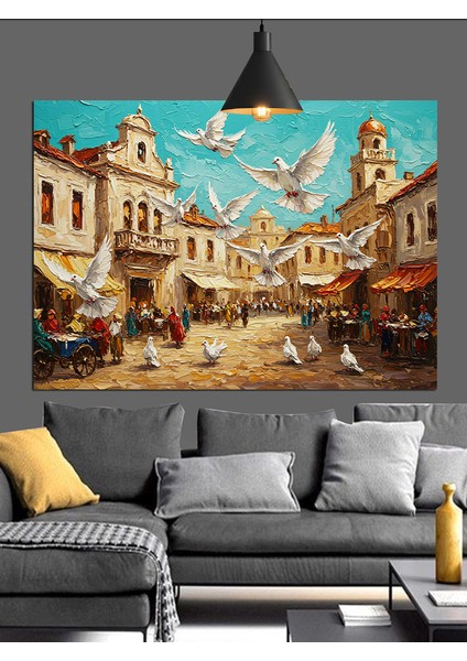 Güvercinli Şehir Meydanı Dekoratif Kanvas - Mdf Ahşap Tablo