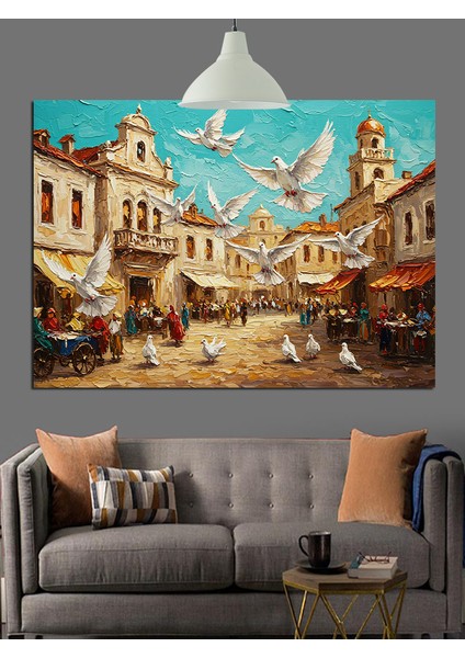 Güvercinli Şehir Meydanı Dekoratif Kanvas - Mdf Ahşap Tablo fiyatları