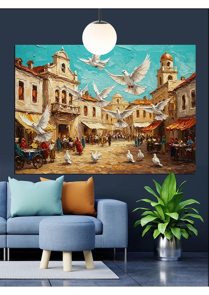 Güvercinli Şehir Meydanı Dekoratif Kanvas - Mdf Ahşap Tablo fırsatları