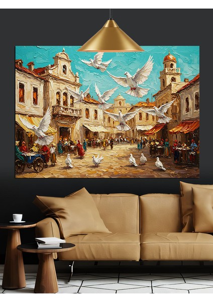 Güvercinli Şehir Meydanı Dekoratif Kanvas - Mdf Ahşap Tablo indirimleri
