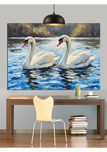 Beyaz Kuğu Çifti Dekoratif Kanvas - Mdf Ahşap Tablo