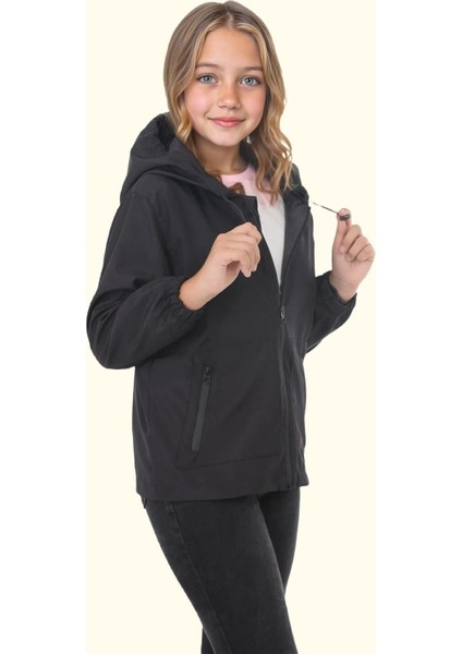 Spor Kız Çocuk Içi Astarlı Su ve Rüzgar Geçirmez Kapüşonlu Çift Fermuarlı Cepli Yağmurluk