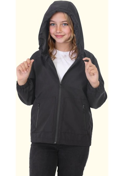 Spor Kız Çocuk Içi Astarlı Su ve Rüzgar Geçirmez Kapüşonlu Çift Fermuarlı Cepli Yağmurluk